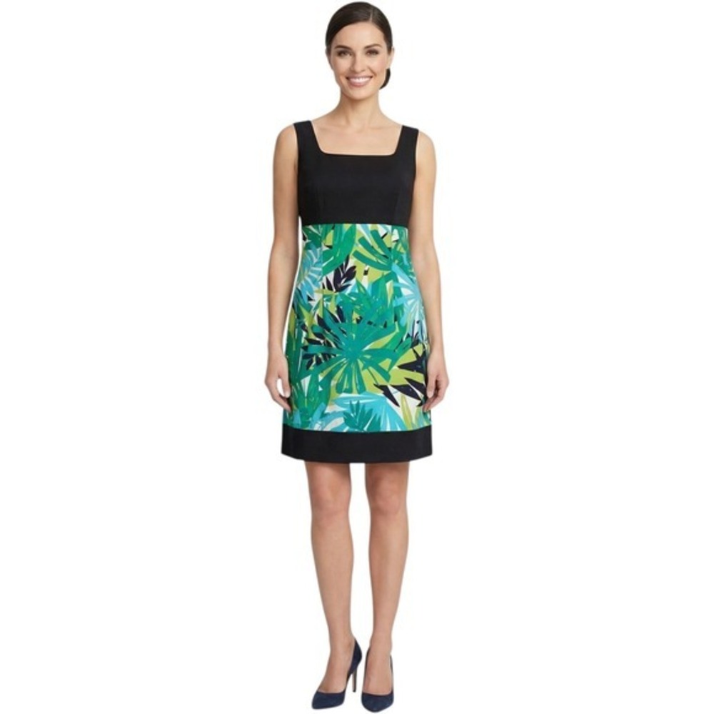 ALYX Women Black‎ Green Tropical Leaf Print Sheath Dress Size 12 Square Neck